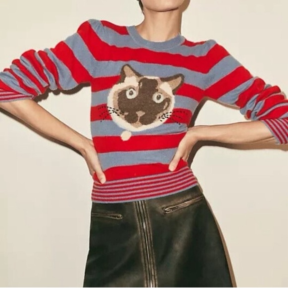 Anthropologie Maeve Puff-Sleeve Striped Cashmere Cat Sweater